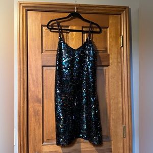 NEW: DKNY iridescent-black sequin, spaghetti strap, mini dress, size (S)